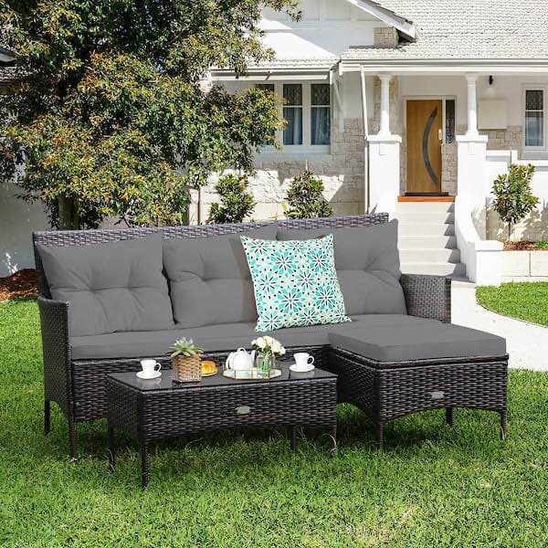 3-Piece Plastic Wicker Outdoor Sectional Set with Gray Cushions