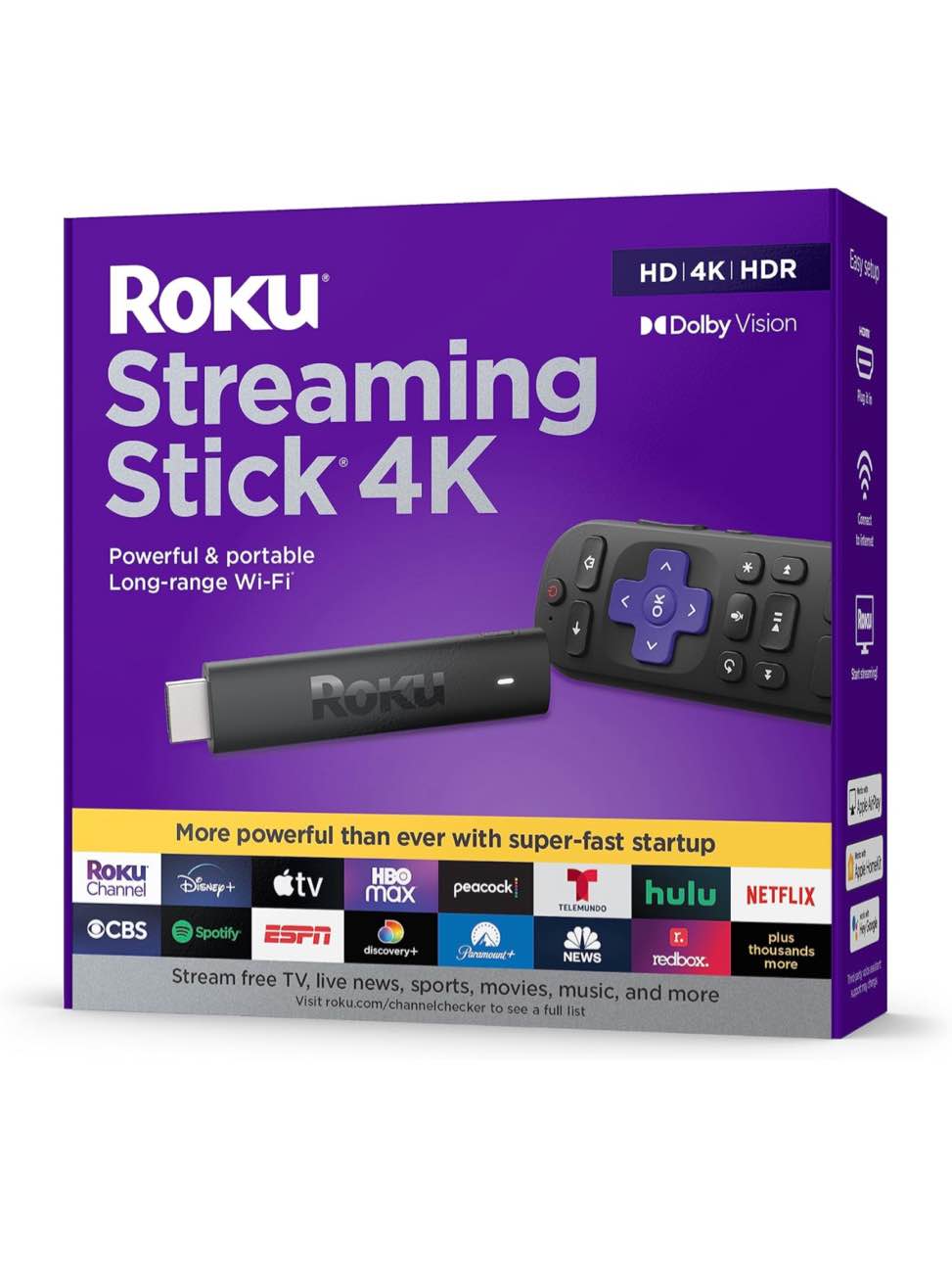 Roku Streaming Stick 4K | Portable Roku Streaming Device 4K/HDR/Dolby Vision, Roku Voice Remote, Free & Live TV