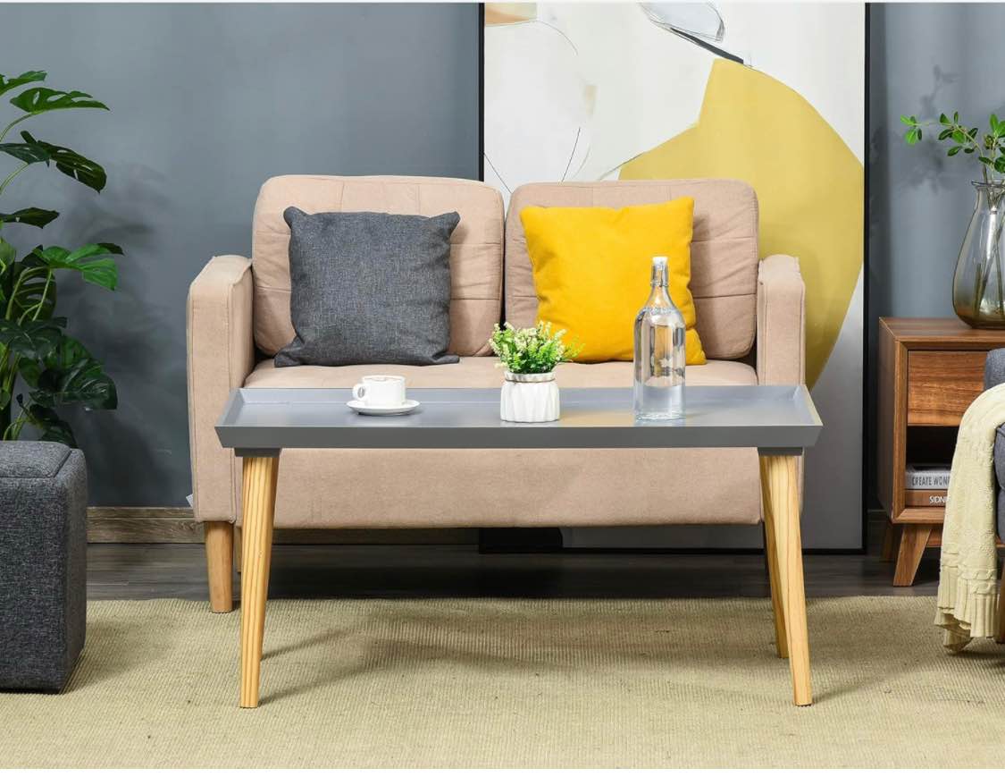 HOMCOM Coffee Table with Tray Top, Nordic Center Table with Pine Wood Legs, Rectangle Coffee Tables for Living Room, Gray