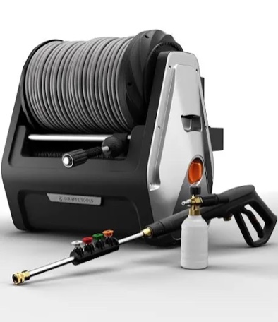 Giraffe Tools Grandfalls Pressure Washer Plus+, Electric Wall Mounted Power Washer with 100FT Replaceable Pressure Hose, for Resident Cleaning, Dark Silver