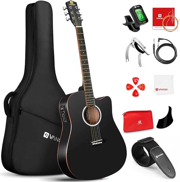 Vangoa Electric Acoustic Guitar Kit for Beginners Adults Full Size Cutaway Acoustic Guitar Bundle Set with Built-in Pickups Bag Tuner Strap Capo Picks Cable, Matte Black