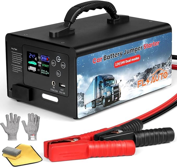 10000A Jump Starter,FlyAuto 155WH Car Battery Jump Starter for All Gas or Diesel,24V/12V Heavy Duty Lithium Jump Box, Portable Car Power Jump Battery Pack with USB Outlet?Jumper Cables Kit&LED Light