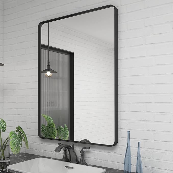 48x40 Inch Black Metal Framed Bathroom Mirror for Wall, Large Rounded Rectangle Mirror, Matte Black Bathroom Vanity Mirror, Anti-Rust, Shatterproof, Hangs Horizontally or Vertically