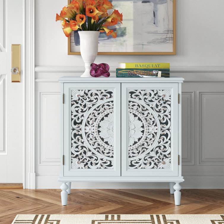 ((similar)) Molini 32" Tall 2-Door Openwork Carving Accent Cabinet with Solid Wood Legs