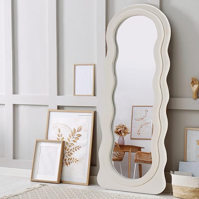 Broojo Irregular Full Length Mirror, 63" x 24" Irregular Wall Mirror, Wave Floor Mirror with Flannel Wrapped Wooden Frame, Full Body Mirror Hanging or Leaning Against Wall, Beige