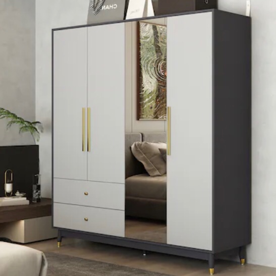 FUFU&GAGA Contemporary 3-Door Gray Wardrobe with 2 Drawers, Metal Hardware, and Ample Storage Compartments