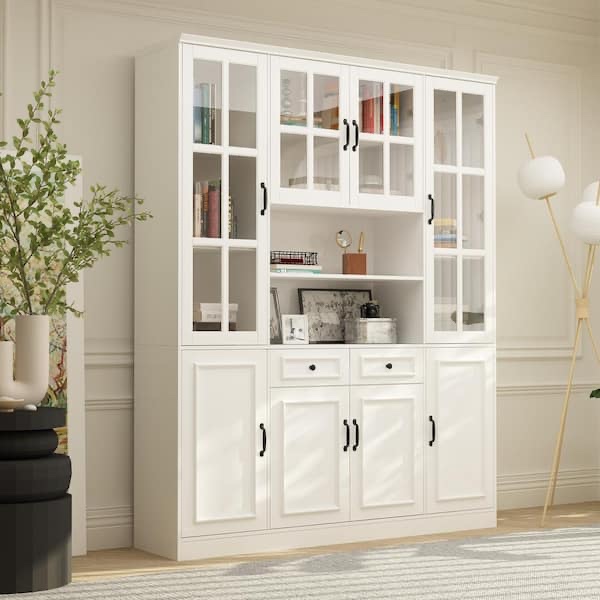 FUFU&GAGA 63 in. W x 15.7 in. D x 78.7 in. H White 12-Shelf Wood Standard Bookcase With Doors, Drawers, Adjustable Shelves