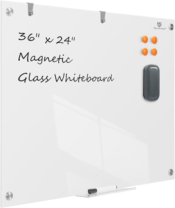 Magnetic Glass Dry Erase Board - 36 x 24 Inches Wall Mounted Glass Whiteboard, Large Frameless Glass White Board for Office, Home & School, TSJ OFFICE