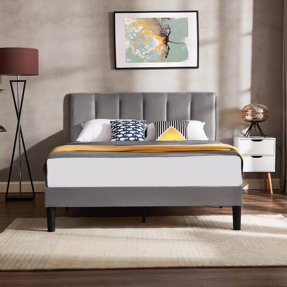 VECELO Full Size Upholstered Platform Bed Frame, Adjustable Headboard and Wooden Slats Support, No Box Spring Needed/Easy Assembly, Dark Gray