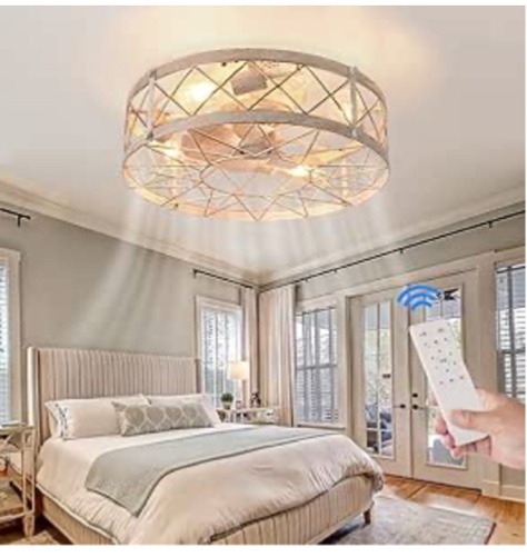 Retro Caged Ceiling Fan with Light, 20" Flush Mount Ceiling Fans with Lights Remote Control, 6 Speed Low Profile Ceiling Fan with Reversible Motor for Bedroom Kitchen Living Room (Bulbs Not Included)