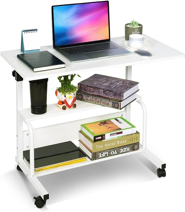 Portable Desk Small Desks for Small Spaces Laptop Table White Rolling Adjustable Desk on Wheels Mobile Couch Desk for Bedroom Home Office Computer StandingÂ Desk Student Desk with Storage 32x16 Inch