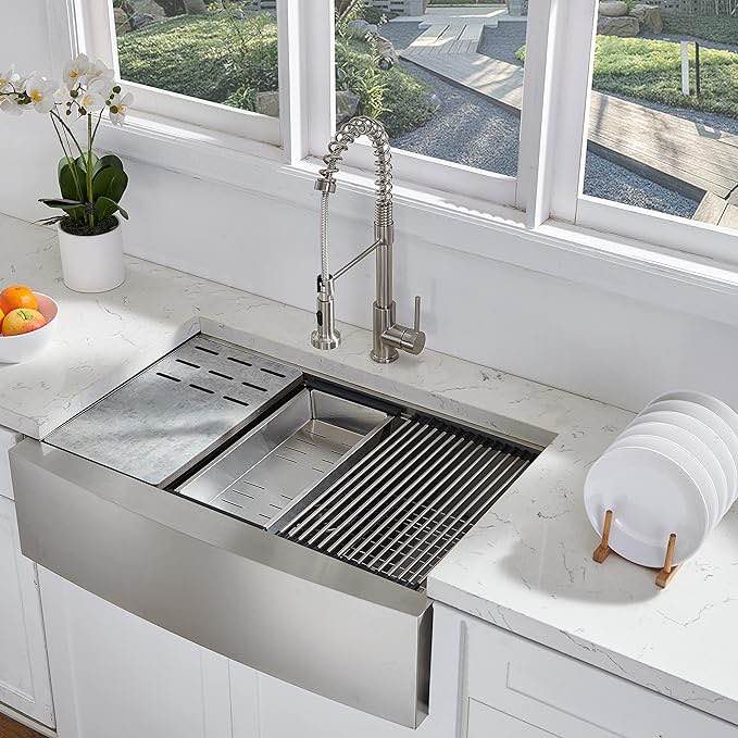 UFaucet 33 Inch Black Farmhouse Sink Drop In, 33Ã—22 Inch Black Stainless Steel Workstation Farmhouse Kitchen Sink, 9 Inch Deep Single Bowl Drop In Apron Sink With Accessories