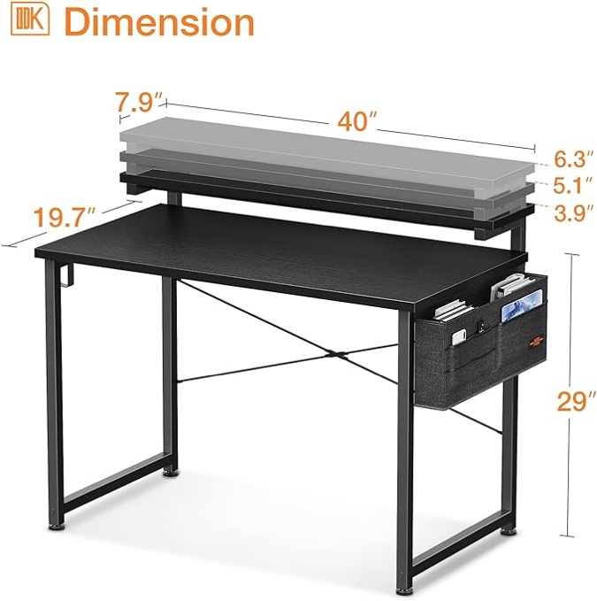 ODK Computer Desk with Adjustable Monitor Shelves, 40 inch Home Office Desk with Monitor Stand, Writing Desk, Study Workstation with 3 Heights (10cm, 13cm, 16cm), Black