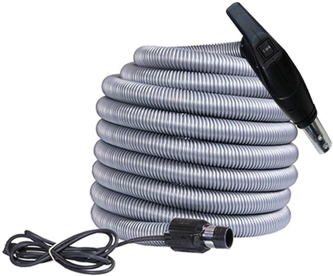 Ovo Universal Central Vacuum 40 ft High-Voltage Hose with Pigtail and ON-Off Switch Control at The Handle-Compatible with Most inlets-Crushproof, Black and Grey