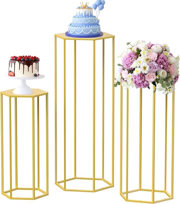 Mugiden Pedestal Plant Stand Set of 3 Hexagon Cylinder Pedestal Stands for Parties Tall Nesting Display Cylinder Tables for Parties Wedding Living Room Corner Planter Pot Rack Patio Decor (Gold)