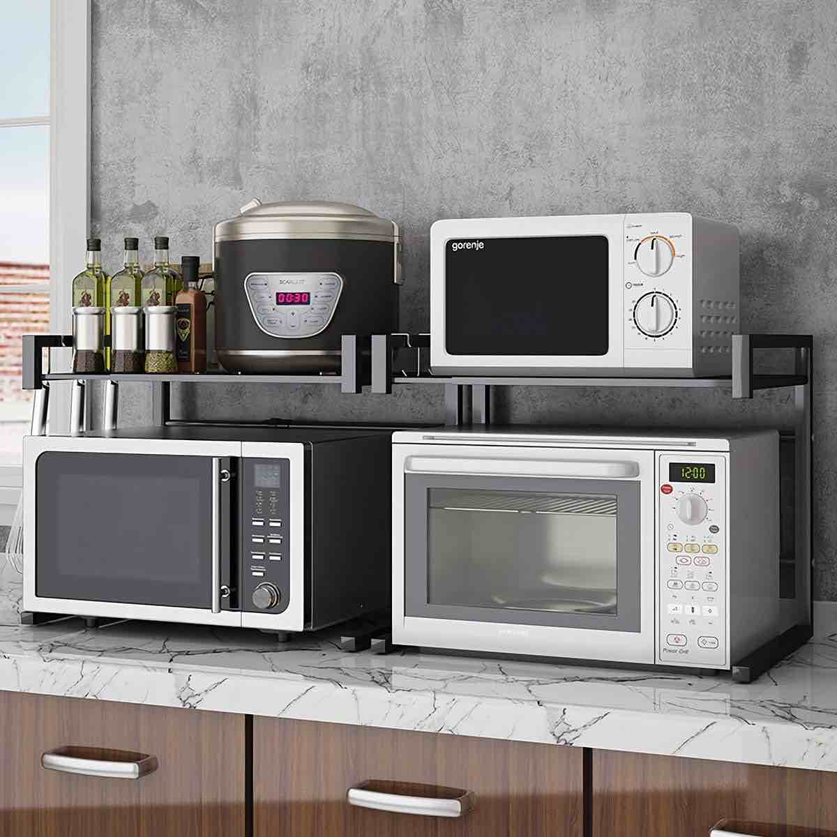 PUSDON Adjustable Carbon Steel Microwave Oven Rack, 2-Tier with 3 Hooks, 55lbs Weight Capacity, Black