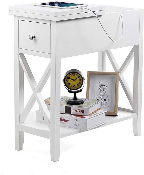 ChooChoo End Table, MDF Material Flip Top Narrow End Table with Drawer, Accent Small Side Table Nightstand for Living Room, Bedroom, and Small Spaces - White