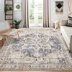Area Rug Living Room Rugs - 9x12 Washable Boho Rug Vintage Oriental Distressed Farmhouse Large Thin Indoor Carpet for Living Room Bedroom Under Dining Table Home Office - Cream Blue
