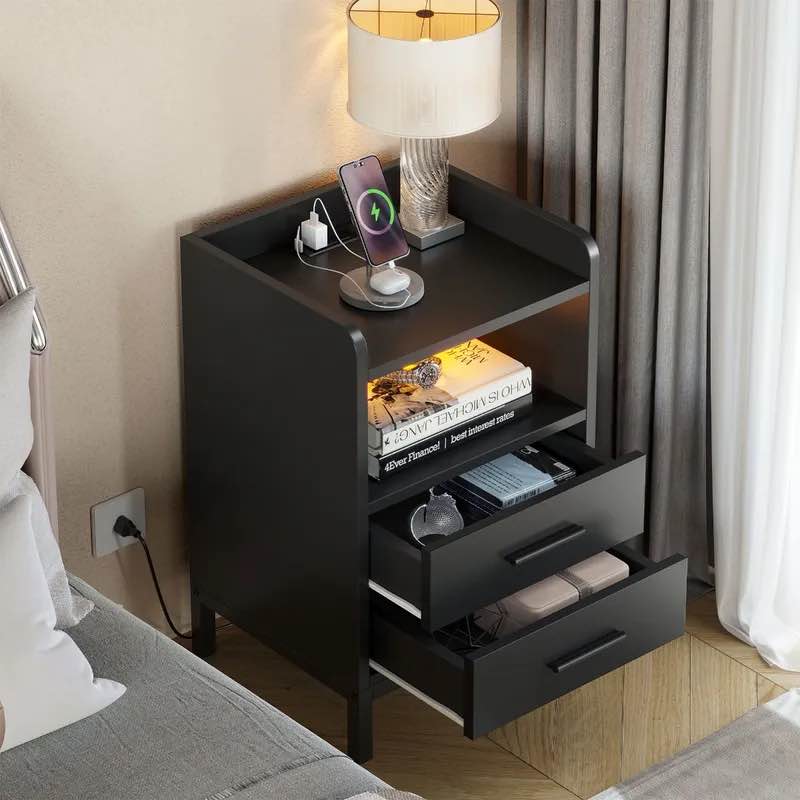 Modern Nightstand with Drawers LED Light in Black for Bedroom