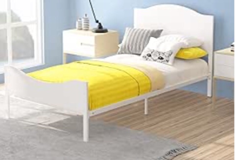 Timy Kids Twin Bed Frame with Wooden Headboard and Footboard, Metal Platform Bed Frame for Boys Girls Teens Adults, Modern Kids Bed Furniture, No Box Spring Needed, White