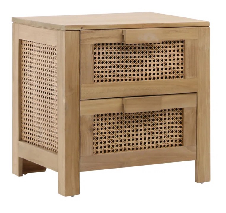 Farmborough Teak and Woven Rattan 2-Drawer Storage Side Table in a Natural Finish