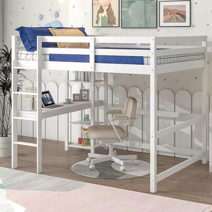 Full Loft Bed with Desk and Shelves,White (incomplete 1 box only)