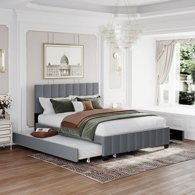 WF306628AAE Queen Bed With 2 Drawers And Trundle-Gray (incomplete 1 box only)(similar to stock photo)