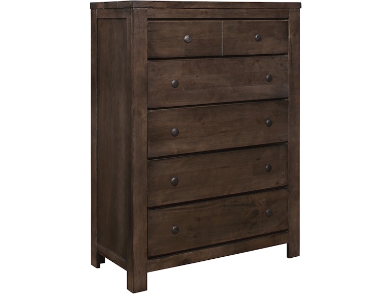 Emerald home furnishings. Brown 5drawer chest. Leg is broken 