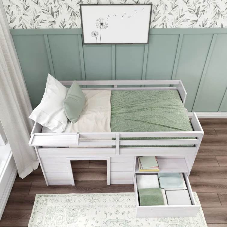 Purdy Hill Twin Solid Wood Low Loft Bed with Shelves by Harriet Bee