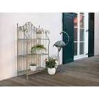 41” folding metal shelf backers rack with scrolling heart and peacock tail motif
