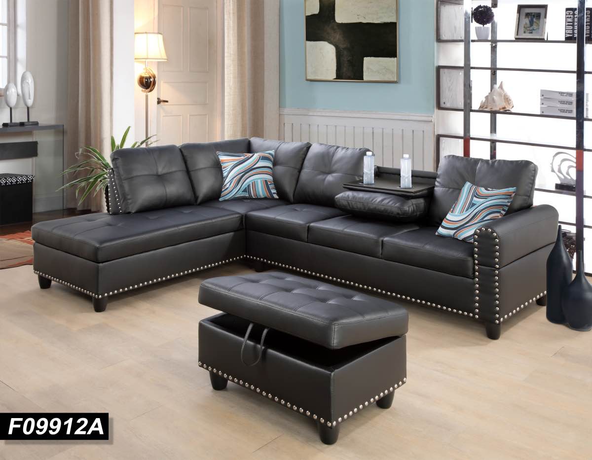 Beverly Fine Funiture F09912A Sectional Couch Sofa Set With Ottoman Left Facing Build-In Coffee Table Black Faux Leather - 3 Piece (incomplete, Ottoman Only)