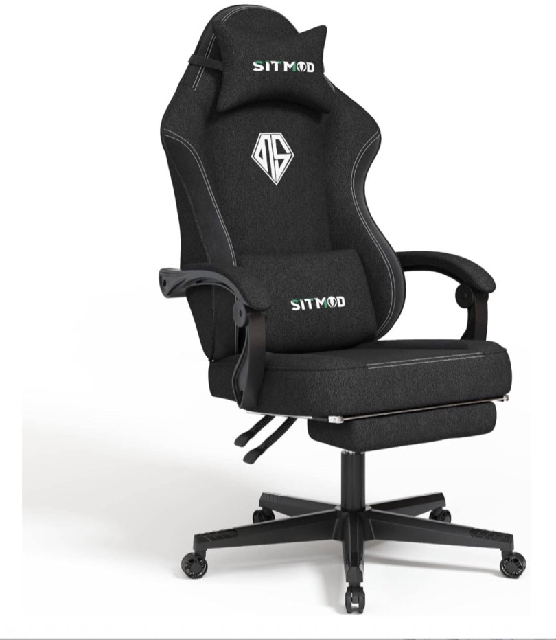 SITMOD Gaming Chair with Footrest-PC Computer Ergonomic Video Game Chair-Backrest and Seat Height Adjustable Swivel Task Chair for Adults with Headrest and Lumbar Support(Black)-Fabric