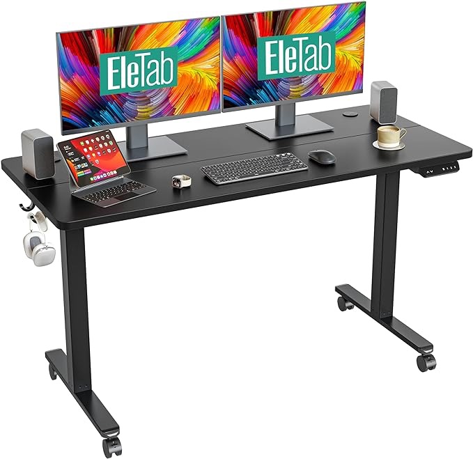 Standing Desk, 63 x 24 Inch Electric Stand up Height Adjustable Home Office Table, Sit Stand Desk with Splice Board, Black Frame & Black Desktop ( frame only, Incomplete) 