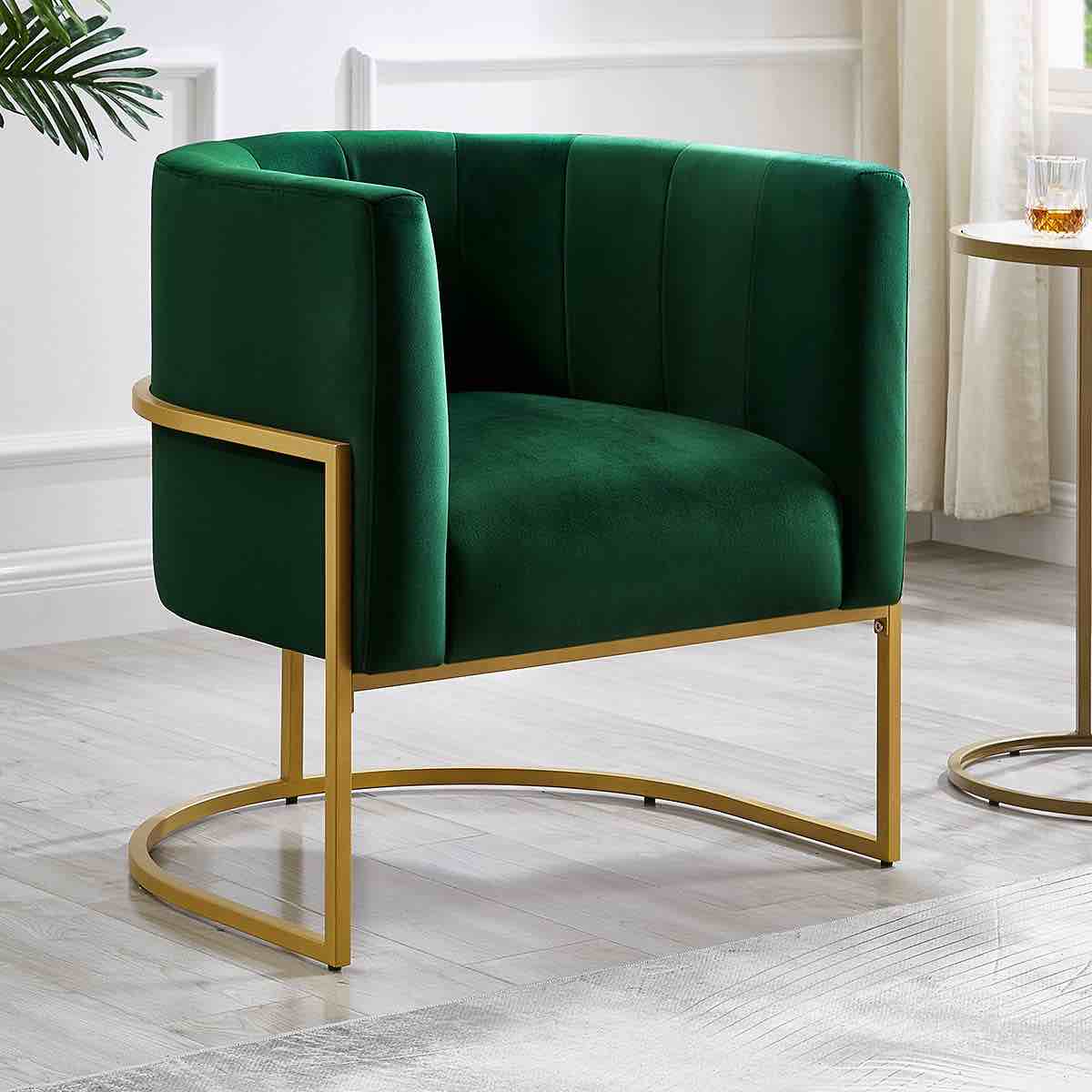 24KF Upholstered Living Room Chair Modern Jade GreenTextured Velvet Accent Chair with Golden Metal Stand-Jade Green Accent Chair-with Metal Base Jade Velvet Fabric/Golden Metal Base