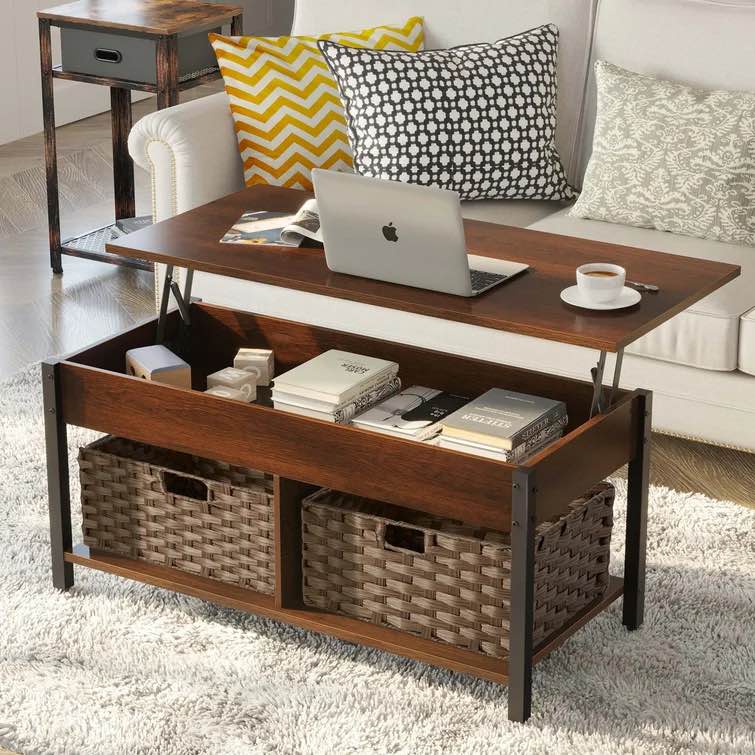 Eoghan 41.7" Lift Top Coffee Table with Hidden Storage Compartment and 2 Rattan Baskets