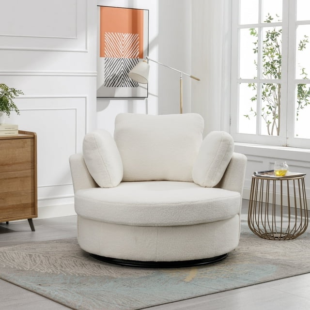 Sofeim 42.2"W Swivel Accent Barrel Chair and Half Swivel Sofa With 3 Pillows 360 Degree Swivel Round Sofa Modern Oversized Arm Chair Cozy Club Chair for Bedroom Lounge Hotel Ivory