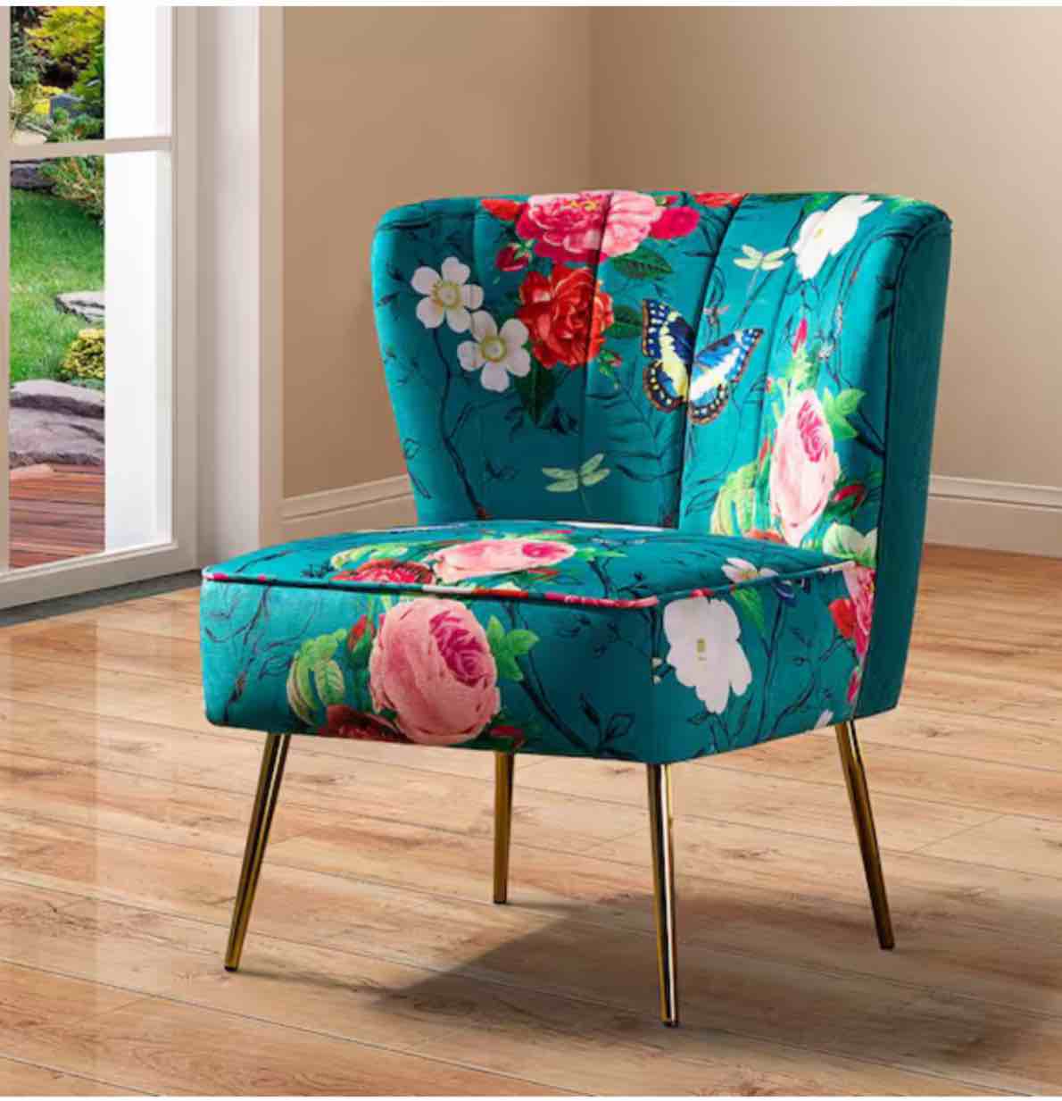 Amata Contemporary and Classic Blue Comfy Elegant Pattern Side Chair with Tufted Back and Metal Base