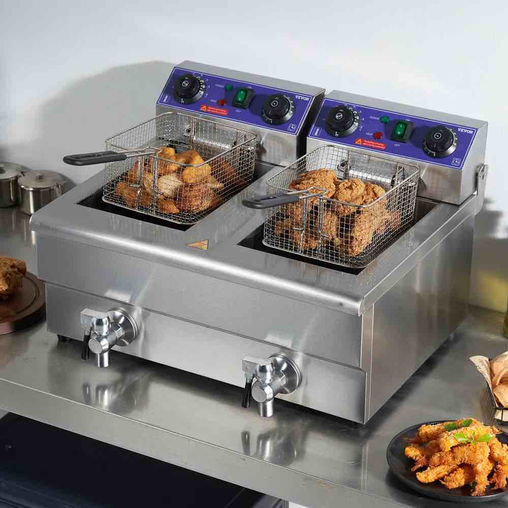 VEVOR 24L Electric Deep Fryer, With Timee And Oil Filtration, Dual Removable Baskets And Lid Included