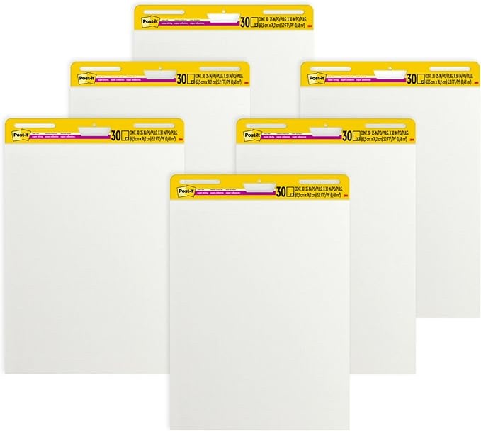 Post-it Super Sticky Easel Pad, 25 x 30 Inches, 30 Sheets/Pad, 6 Pads, Large White Premium Self Stick Flip Chart Paper, Super Sticking Power (559VAD6PK) 25 x 30 Inches Easel Pad