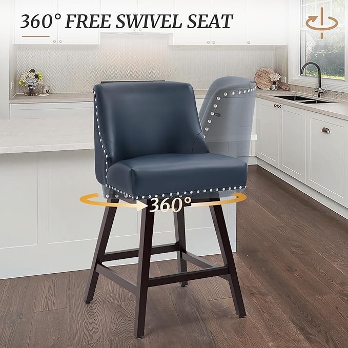 (incomplete)Cozyman 26 Inch Bar Stools, Navy Blue Swivel Counter Stools with Back, Faux Leather Upholstered Barstools, Solid Wood Legs with Footrest, Modern Bar Stool for Kitchen Island, Dining Room, Pub