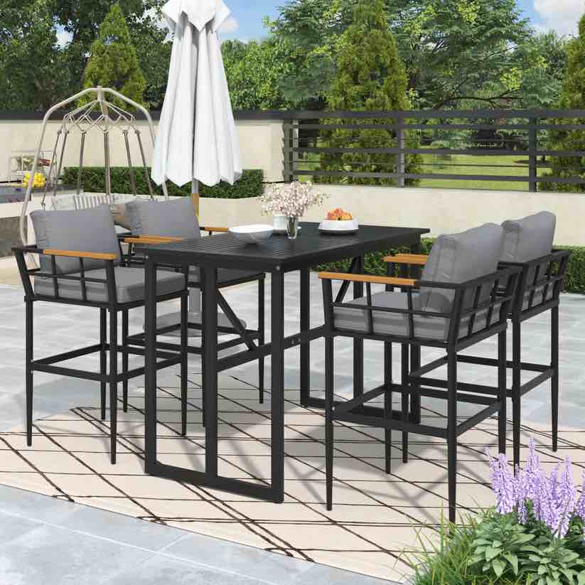 ((BOX 4/4))Steel Outdoor Dining Set With Acacia Wood