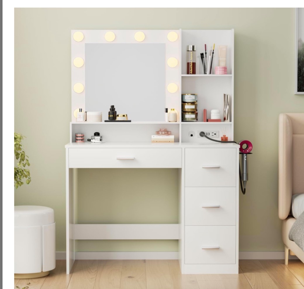 ((similar)) SMOOL Vanity with Lights, 47" Makeup Vanity Desk with Power Outlet, 6 Drawers and Storage Shelves, 3 Color Lighting Modes with Adjustable Brightness, White