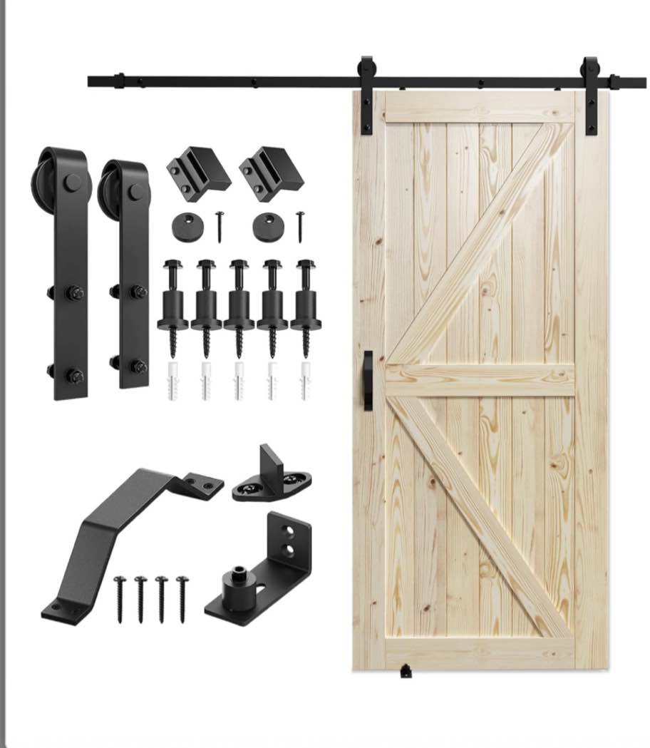 SMARTSTANDARD 40in x 84in Sliding Barn Door with 7ft Barn Door Hardware Kit & Handle, Pre-Drilled Ready to Assemble, DIY Unfinished Solid Spruce Wood Panelled Slab, K-Frame, Natural