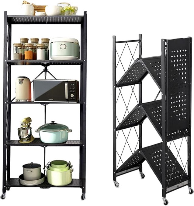 BRIGHTSHOW 4-Tier Storage Shelves, Collapsible Metal Shelf Organizer for Garage/Pantry/Kitchen/Sunroom Foldable Shelving Unit Heavy Duty Wire Shelving Show Rack with Wheels Moving Easily