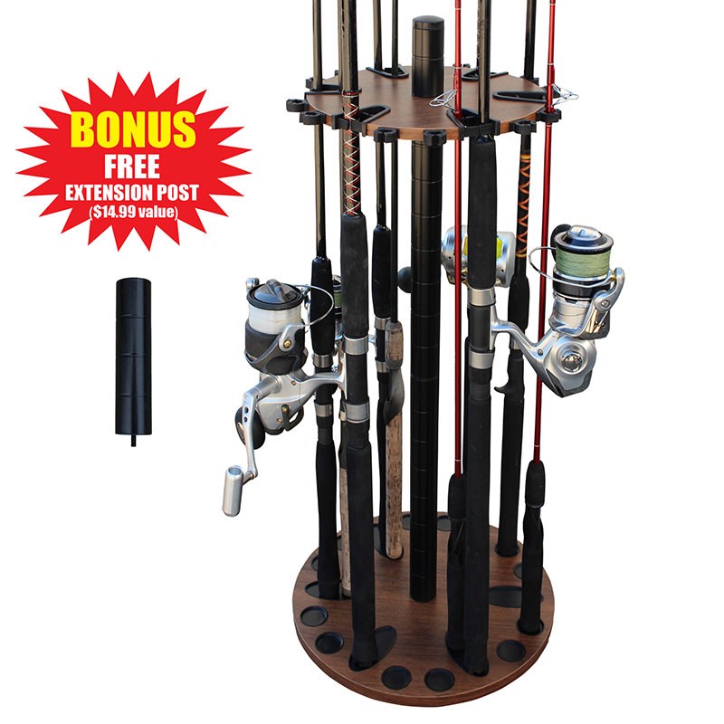 DARK WALNUT 24 FISHING ROD ROUND RACK WITH EXTENSION POST