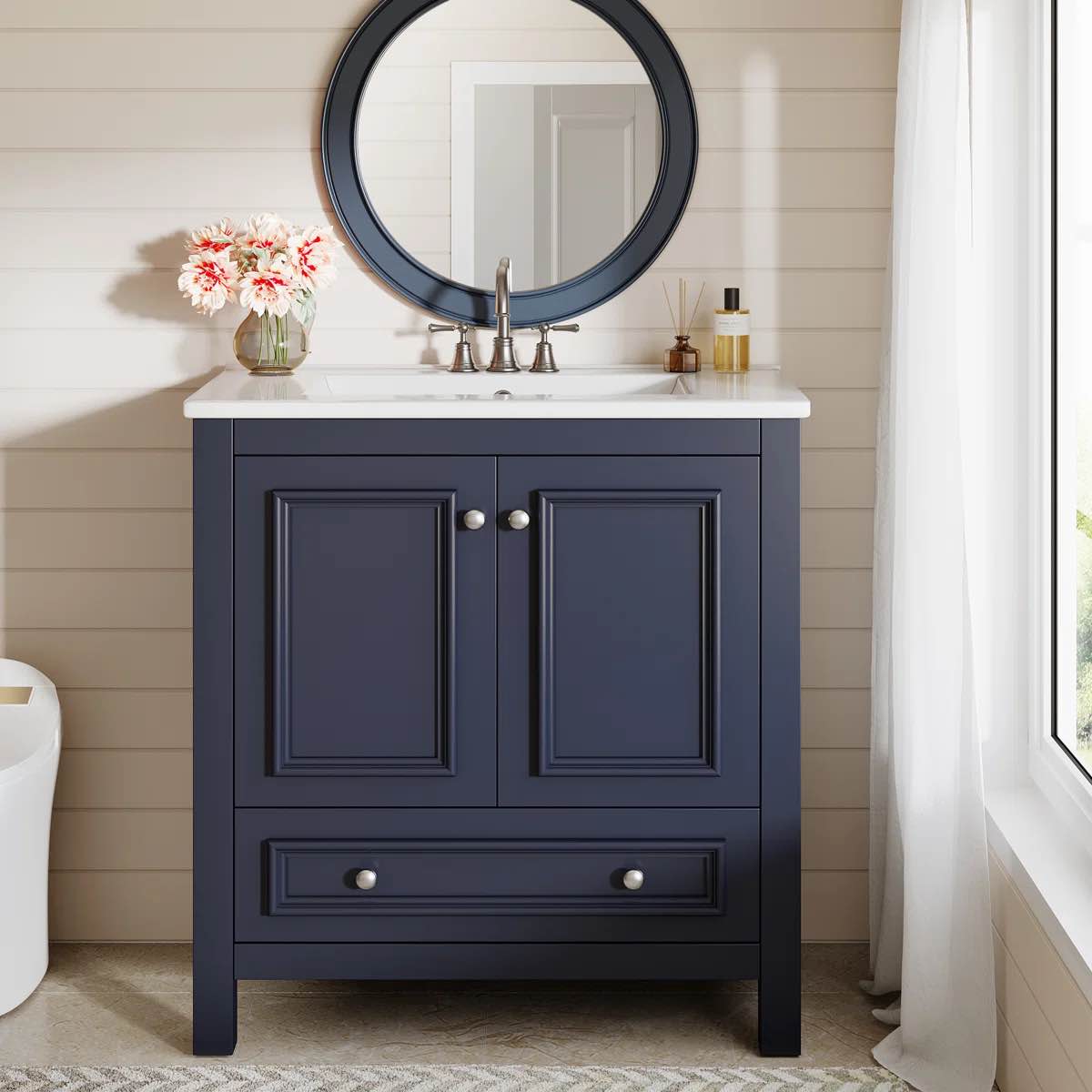 30’’ Bathroom Vanity with Sink, Solid Wood Frame Freestanding Vanity with Door Organizer and Drawer
