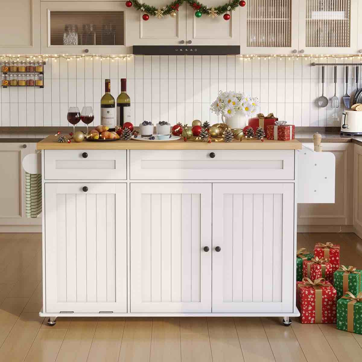 Jamera 60.2"W Kitchen Island with Two Large Storage Cabinets And Drawers, Locking Wheels