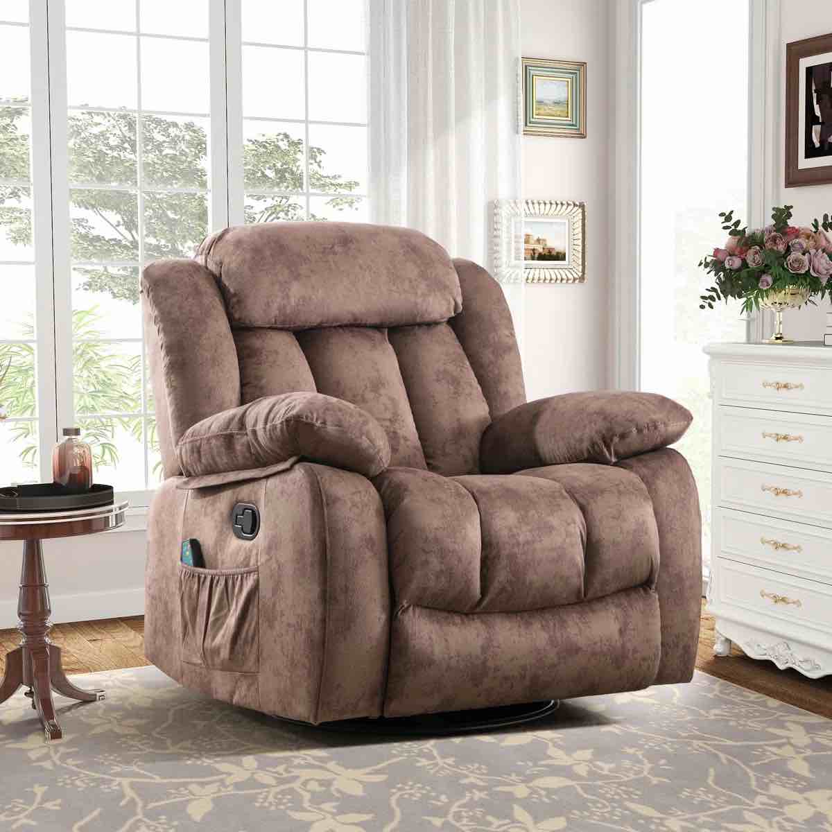 37.4" Wide Contemporary Compact Microfiber Swivel Rocker Manual Recliner Chair with Heat and Massage