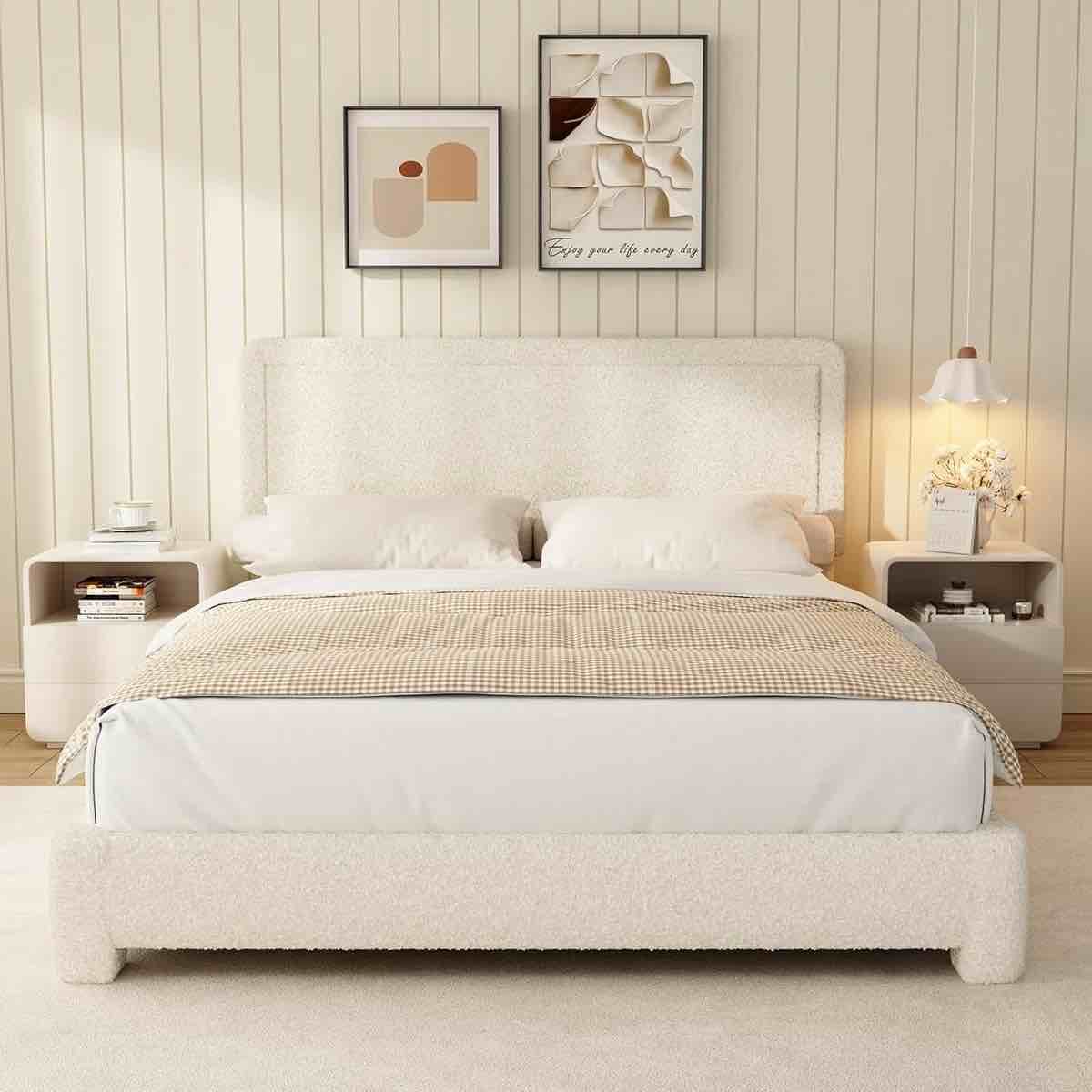 Boucle Bed Frame, Upholstered Cloud Bed Frame, Platform Bed Frame With Headboard, Modern Cream Bed Frame