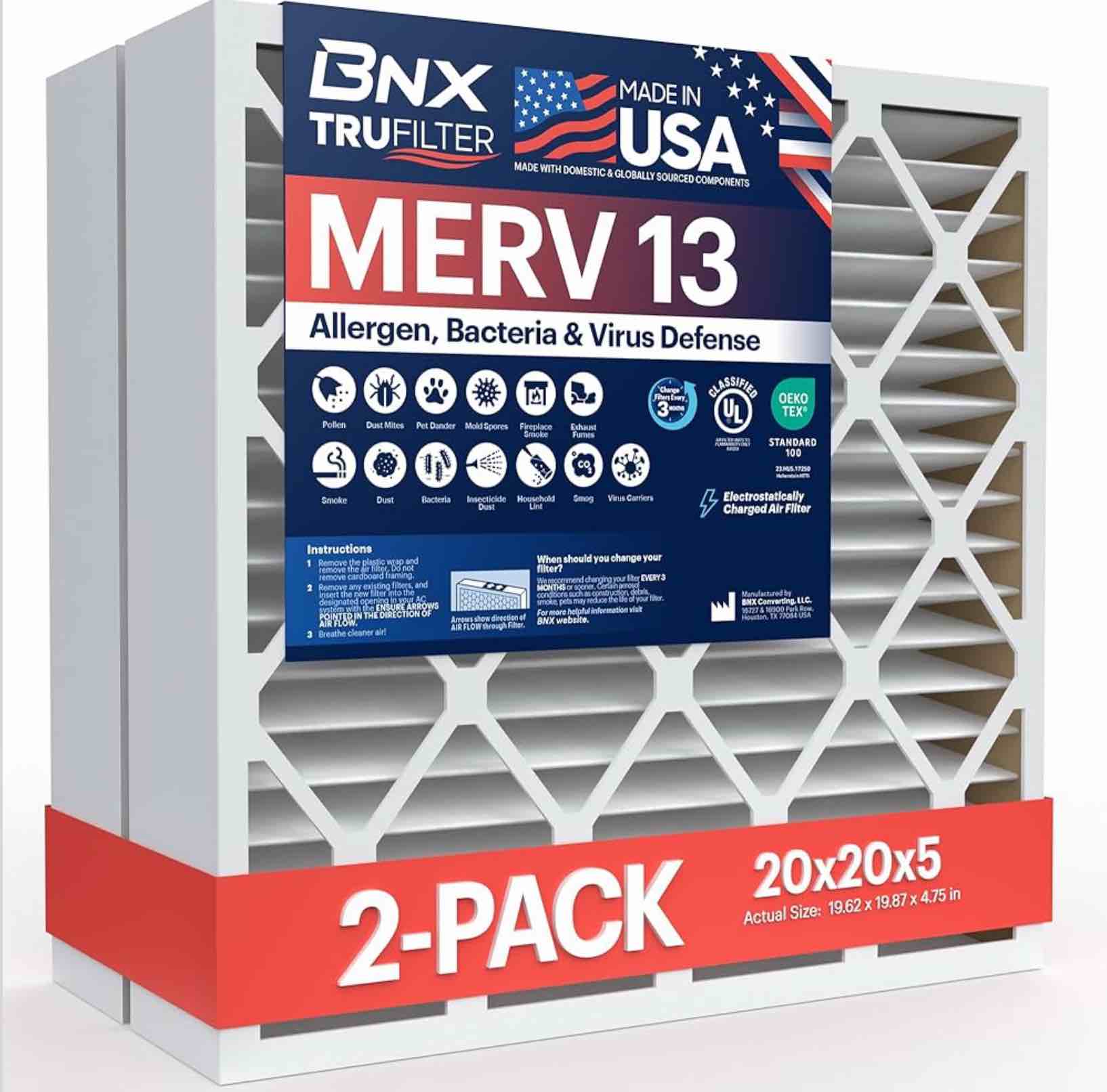 BNX TruFilter 20x20x5 (19.88’’ x 19.88’’ x 4.38‘’ Honeywell Compatible 4”) MERV 13 Air Filter (2-Pack) - Filters Health, Allergies, Mold, Bacteria, Smoke, MPR 1900 FPR 10